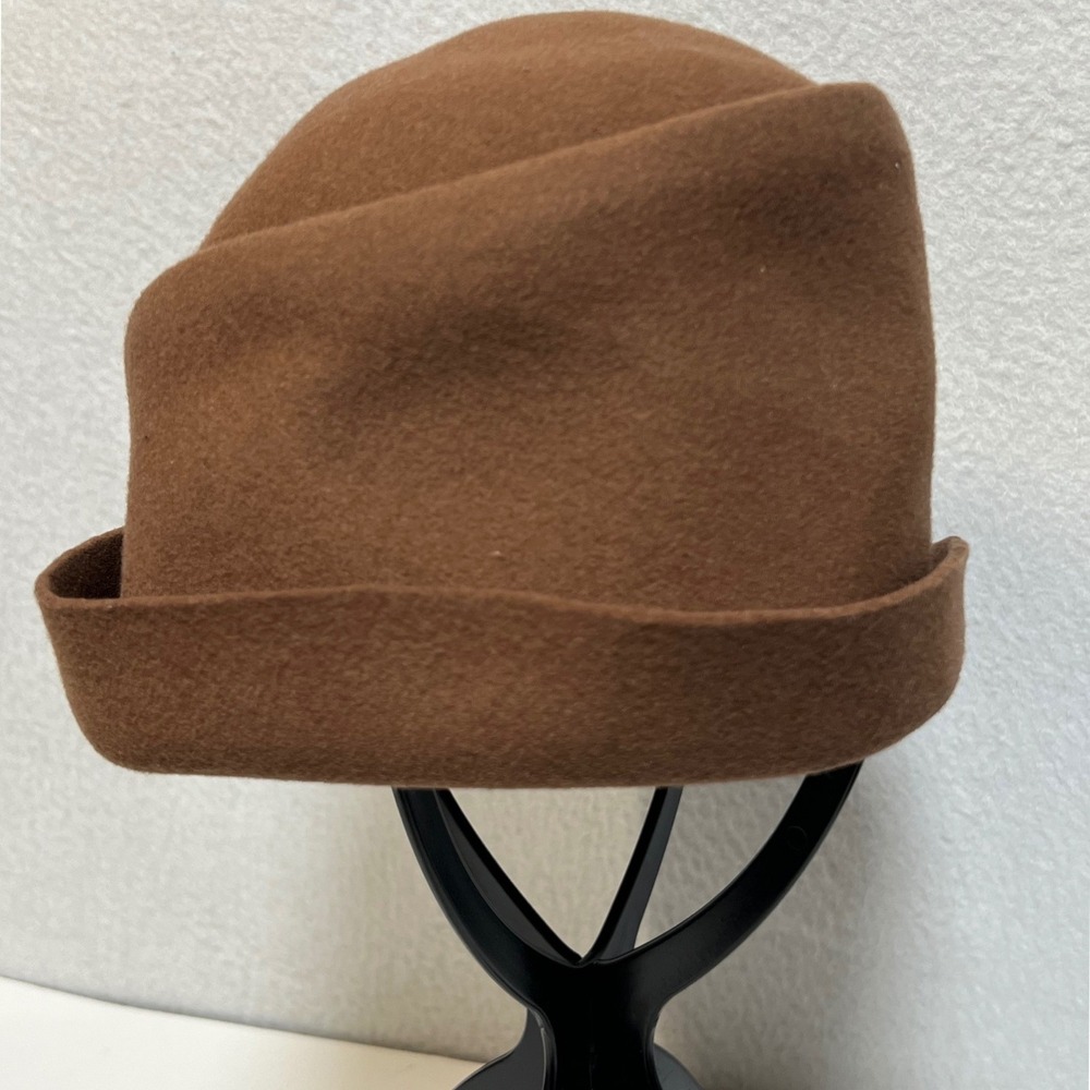 Flu's Ear Italy Brown 100% Wool Felt Cloche Hat Crystal Starburst Brooch Accent - Picture 6 of 8